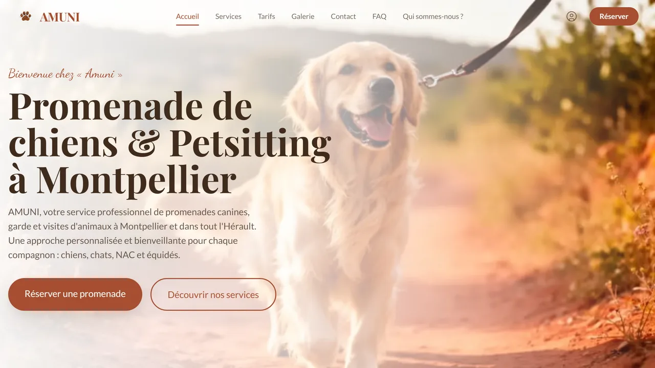 Aperçu du site Amuni — Petsitting & Promenades